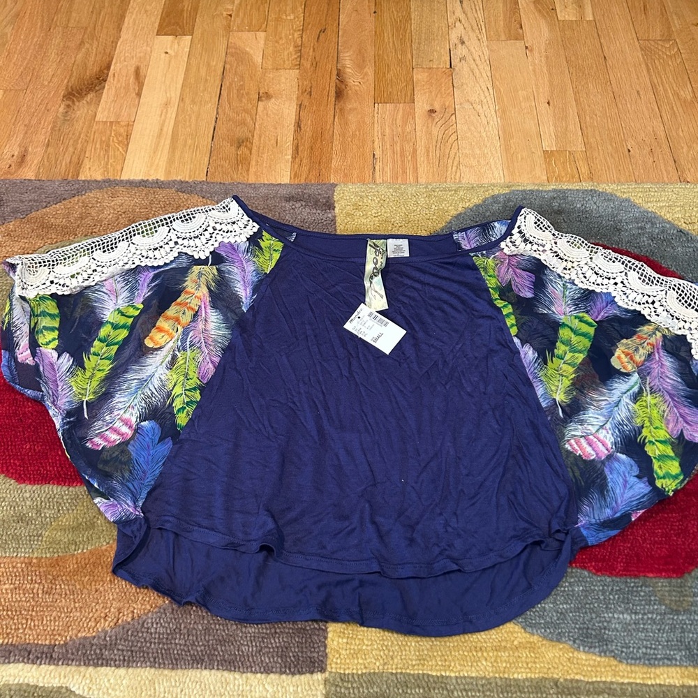 NWT Mandee Live to Be Spoiled Navy Blue Crochet Feathers Oversized Crop Top S